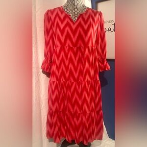 Indigo Soul  Women's Tiered Boho Flowy Dress Red Pink Chevron Print Size S
